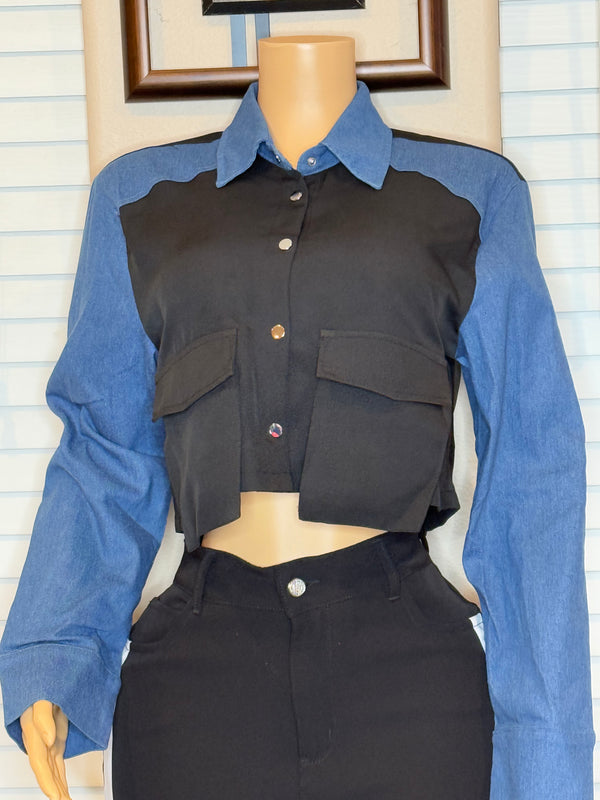 CONTRAST DENIM LONG SLEEVE TOP