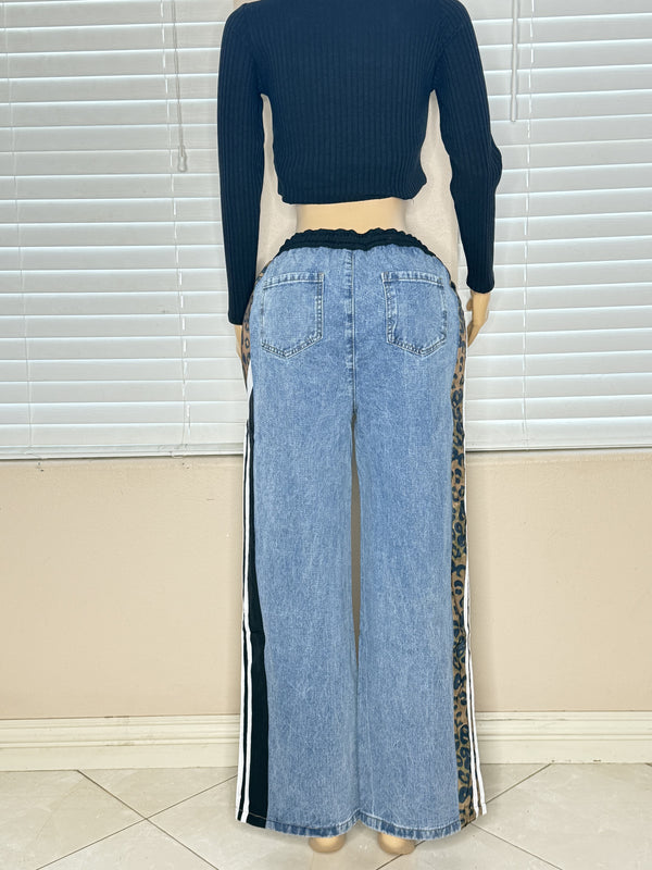 DENIM JEANS WITH BLACK AND ANIMAL PRINT STRIPES
