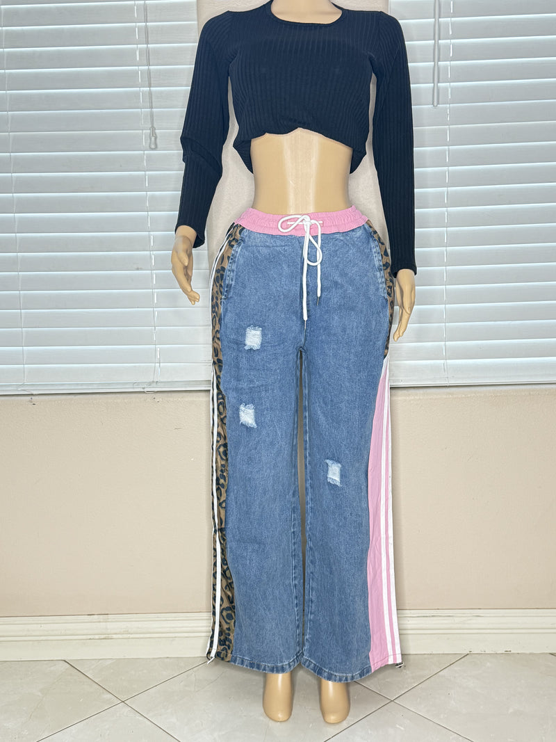 DENIM JEANS WITH PINK AND ANIMAL PRINT STRIPES