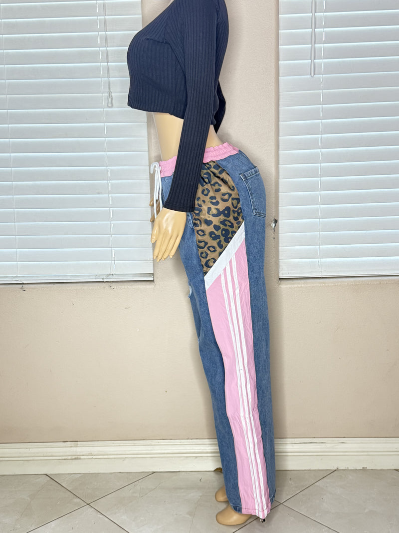 DENIM JEANS WITH PINK AND ANIMAL PRINT STRIPES